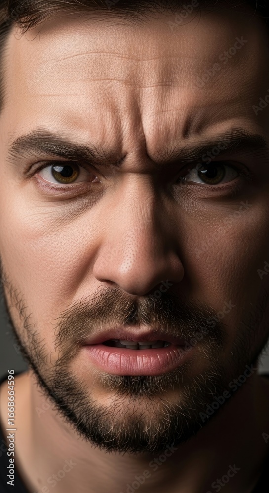 Fototapeta premium Intense close-up of a man showing frustration and anger against a blurred dark background