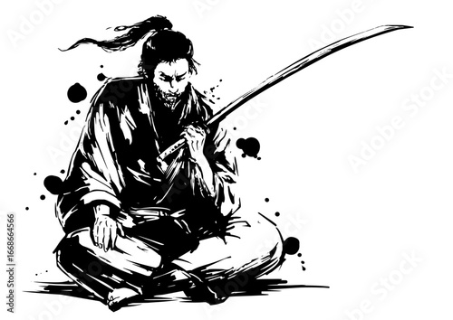 Samurai Sitting with Sword – Sumi-e Ink Illustration