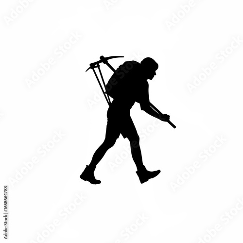 Silhouette of a worker carrying old tools searching for work isolated on white background