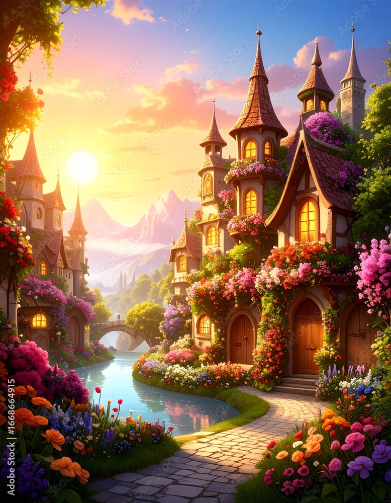 Obraz premium Enchanting fairytale village with cozy houses and stone pathways surrounded by vibrant flowers and lush greenery at sunset. A magical, idyllic fantasy townscape