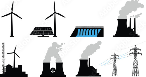 Renewable and non-renewable energy vector illustration set, wind turbines, solar panels, hydroelectric dam, power plant, nuclear, electricity design