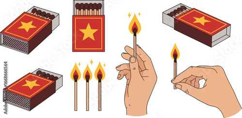 Illustration of matchstick box with burning matches, hand holding flame, red star design, fire safety concept, isolated on white background