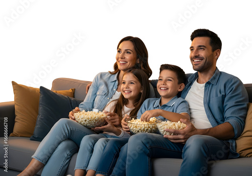 A Happy Family Enjoys Watching a Movie Together on a Couch, Eating Popcorn