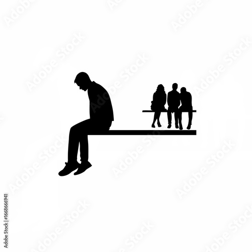 Young man sitting alone on bench ignoring friends silhouette isolated on white background
