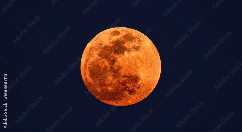 Naklejka premium A vibrant orange full moon hangs prominently in the deep blue night sky showcasing its detailed surface and craters