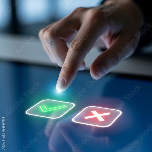 Person s finger selecting a green checkmark option on a digital interface