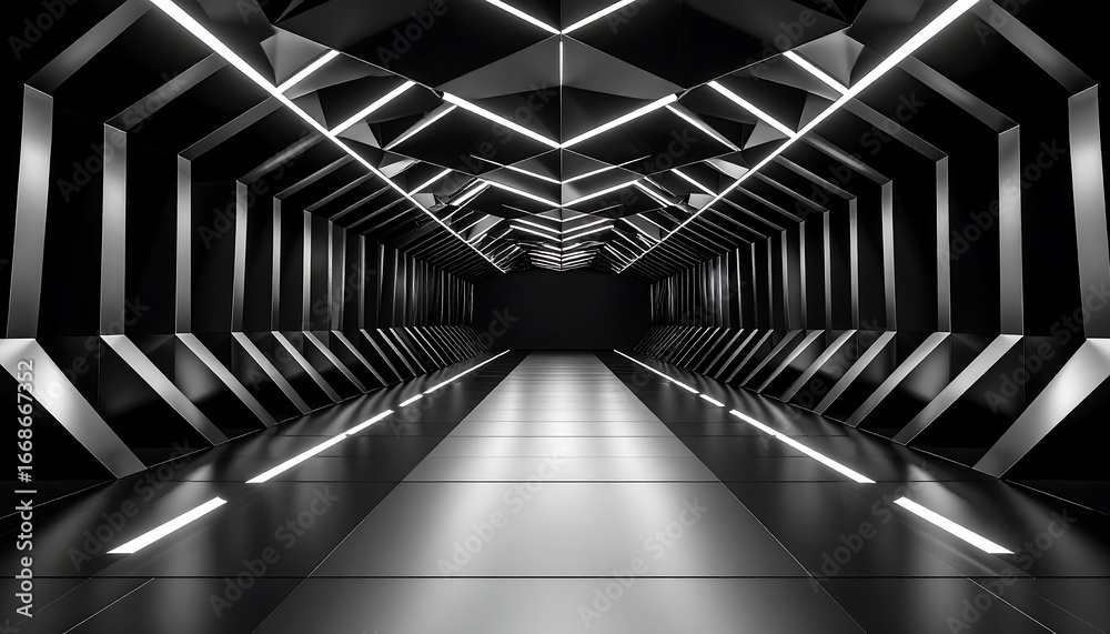 Fototapeta premium Futuristic Dark Tunnel with Glowing Lights Perspective View