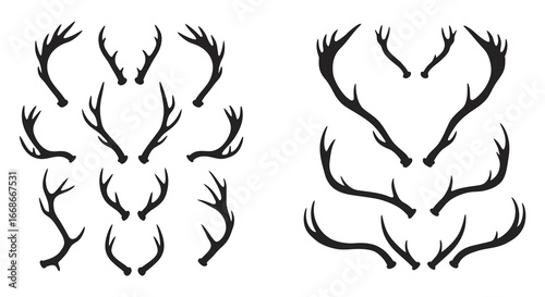 A collection of deer antler silhouettes in various shapes and sizes