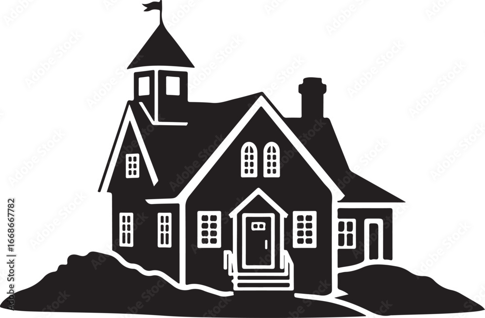 Fototapeta premium Silhouette Of A Two Story House With Tower building