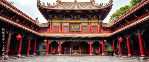 Ancient Chinese temple, intricate carvings, serene prayer hall, vibrant colors, peaceful courtyard,  religion,  worship space