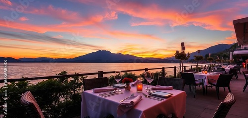 Lago Maggiore sunset, Stresa, Alps view Elegant outdoor dining setting,   al fresco,  outdoor