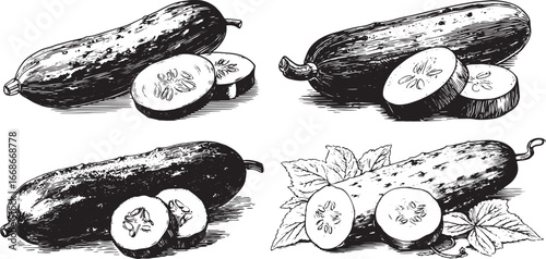 Black and white vector illustration of a cucumber with a cut slice on the side, hand-drawn in a vintage style with clean lines, isolated on a pure white background. eps