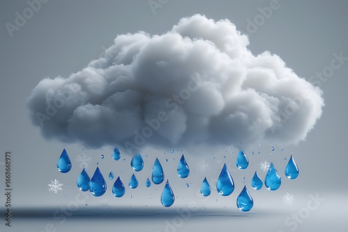 Fluffy White Cloud Raining Blue Water Droplets and Snowflakes