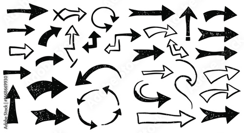 A collection of various black and white hand drawn arrows on a white background