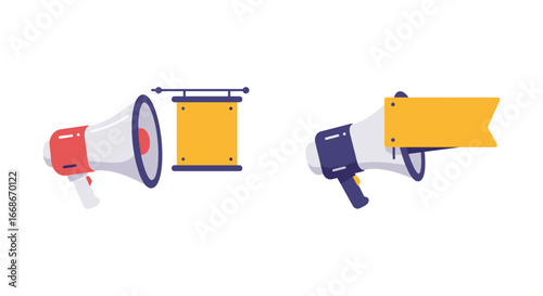 Two megaphones with blank signs for announcements and communication
