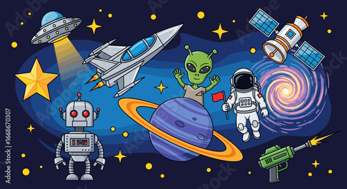 Illustration of space with astronaut, alien, planet, spaceship, robot, ufo and satellite in cosmos