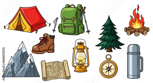 Illustration of camping gear including a tent, backpack, boots, and other outdoor equipment items