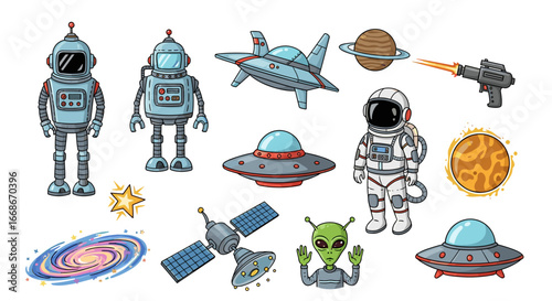 A cartoon illustration featuring robots, spaceships, planets, and an astronaut in a cosmic setting