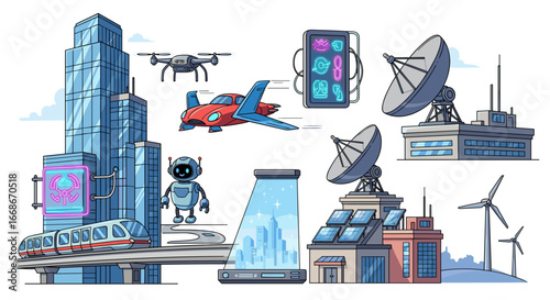 Illustration of a futuristic cityscape with advanced technology and transportation systems