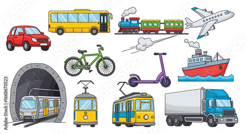 Illustration depicting various modes of transportation including land air and water vehicles shown together