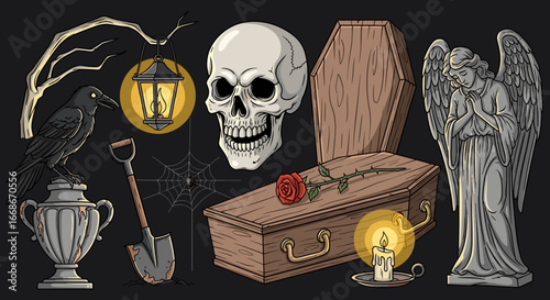 A collection of spooky halloween elements including a skull coffin angel and other graveyard icons