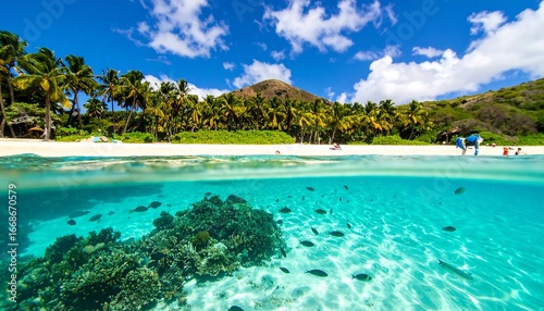 Tropical beach scene, split view, above and below water