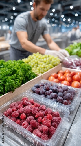 Worker Packaging Fresh Fruits and Vegetables in Plastic Containers