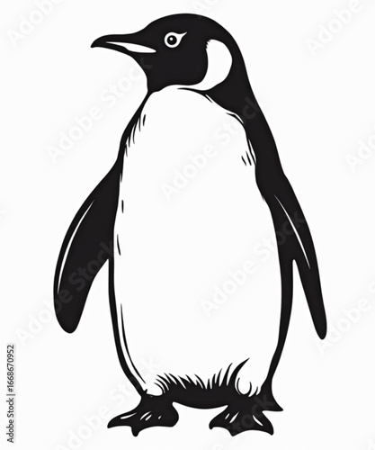 Penguin Illustration: A captivating black and white illustration of a penguin, showcasing its sleek design, from its flipper to its beak and its eye with a keen expression.