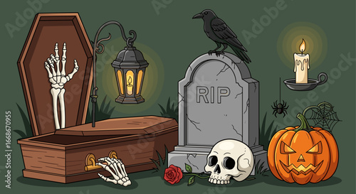 Illustration of a halloween graveyard scene with coffins, tombstones, and spooky halloween elements