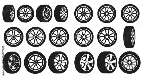 A collection of various car wheels and tires in black and white