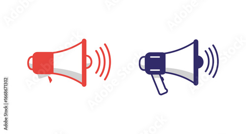 Two colored megaphones with sound waves on white background for communication and announcement