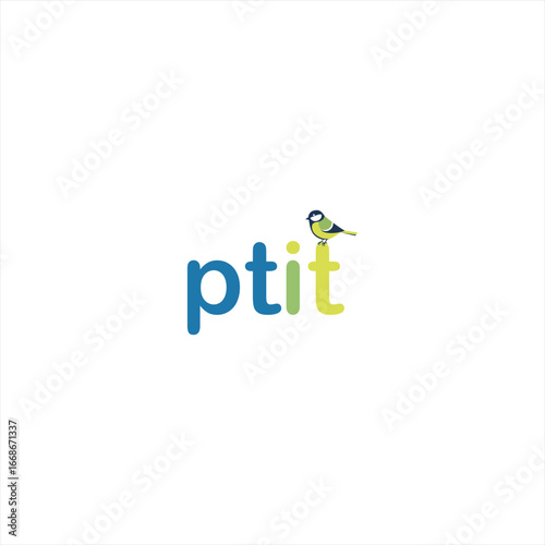 Ptit logo with a cute bird perched on the letter t isolated on white background