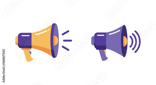 Two colorful megaphones making announcements and broadcasting messages loudly