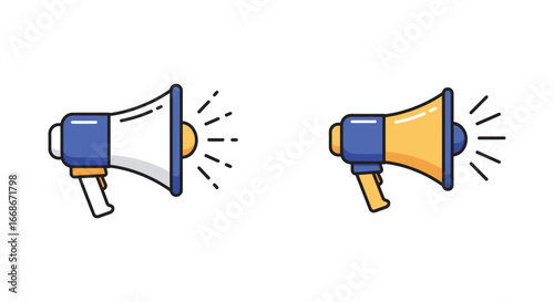 Two cartoon megaphones making announcements in different directions loudly