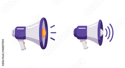 Two purple and white megaphones communicating with each other loudly