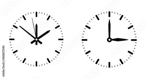 Two analog clock faces with different times on white background
