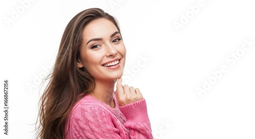 Smiling woman in a pink sweater with long hair, showcasing joy against a bright white background