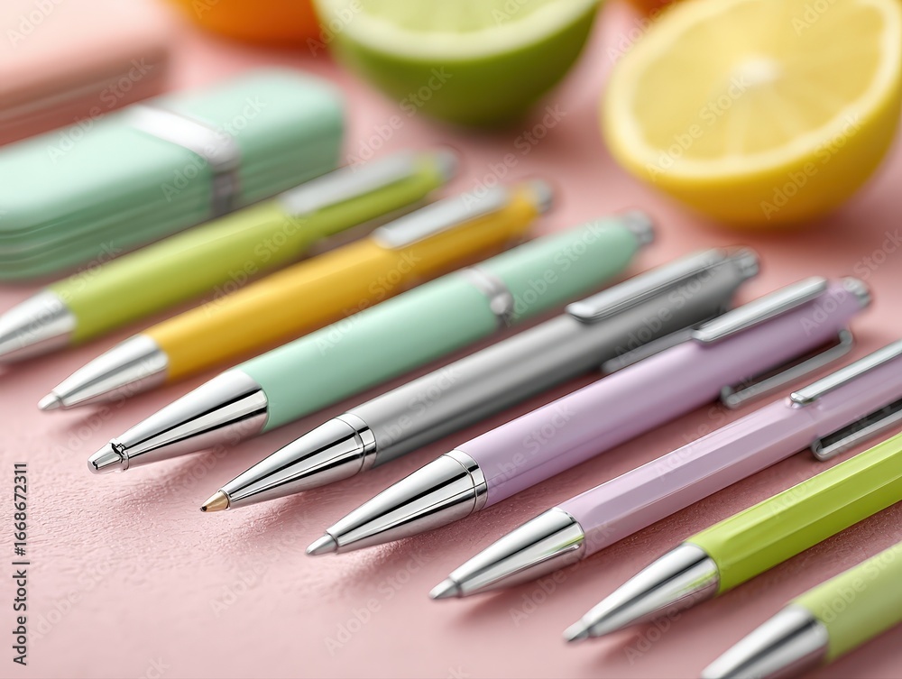 Naklejka premium Pastel-Colored Pens and Pencils Collection: Elegant Stationery for Creative Writing and Office Use