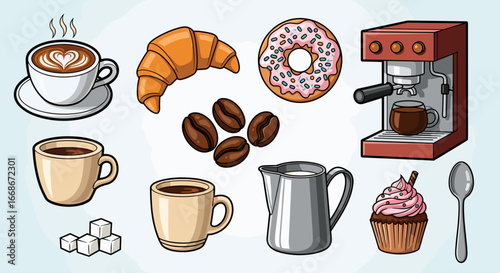 Illustration showcasing a variety of coffee related items and baked goods on a light background