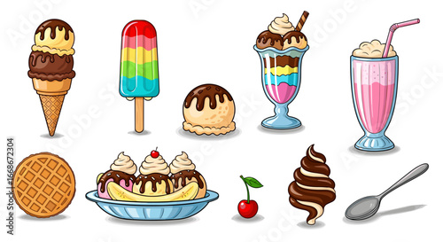 Illustration showcasing various sweet treats including ice cream cones, sundaes, and waffles on white