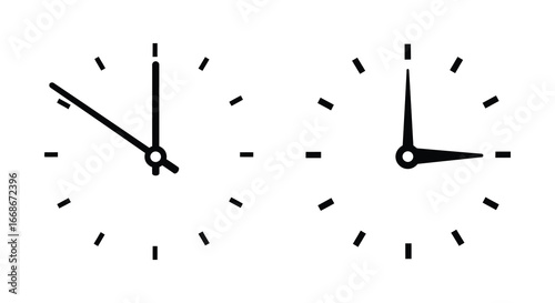 Two analog clock faces side by side showing different times
