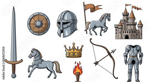 Illustration of medieval fantasy elements including castle horses and knightly armaments and weapons