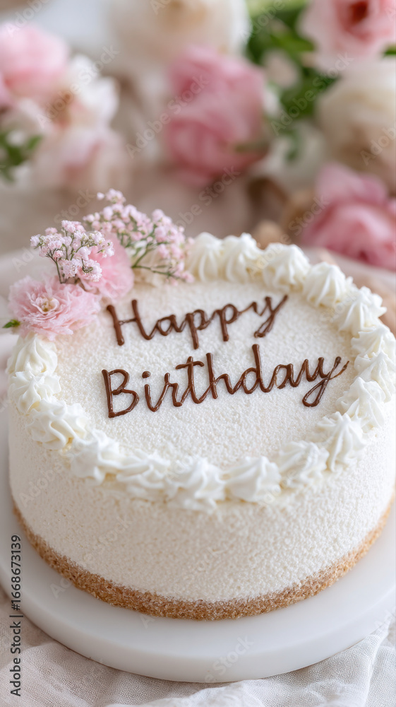 Naklejka premium Delicate birthday cake with creamy decor, colorful hearts, and Happy Birthday lettering. Elegant dessert in pastel tones, perfect for celebrations, modern pastry design.