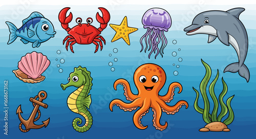 Cartoon sea life scene featuring a dolphin, octopus, crab, jellyfish, seahorse, and other sea creatures