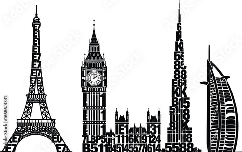 Famous world landmarks silhouette art featuring eiffel tower and big ben