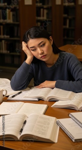 Asian Student overwhelmed by books in a library