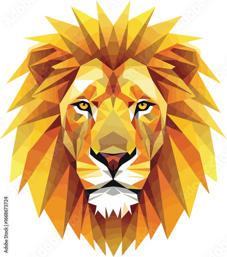 Geometric lion head illustration in shades of gold and orange
