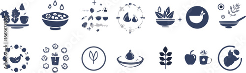 Collection of various food and plant related icons in a grid like arrangement on a white background | editable eps vectors silhouette