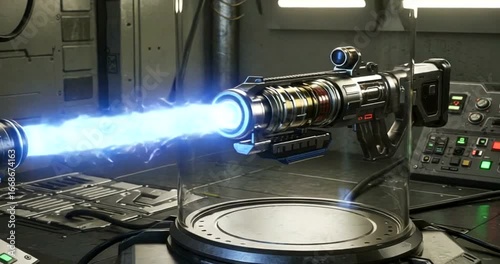 Futuristic energy weapon displayed in a tech lab setting