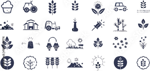 Illustration showcasing agriculture elements including crops farm equipment and natural landscapes in a grid format | editable eps vectors silhouette